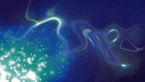 animation of white spots and light trails over green and blue liquid background