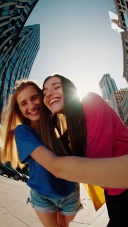 joyful friends taking selfies in a modern city