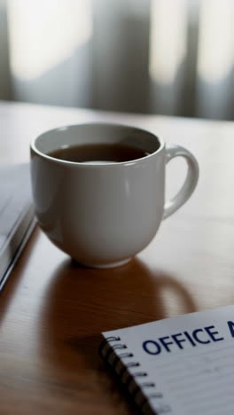escritorio de oficina con café y cuaderno