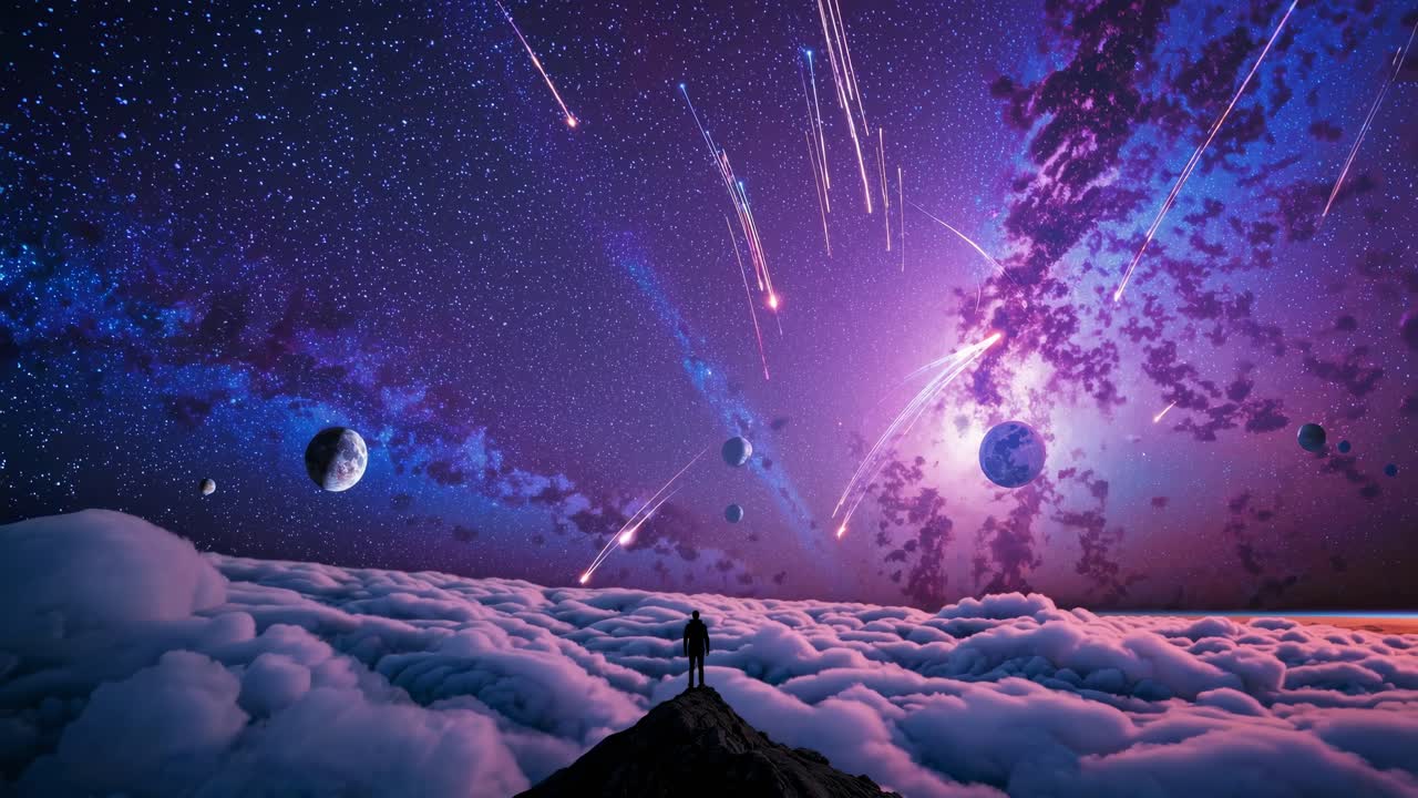 A surreal video concept of a person standing on a peak above clouds, gazing at a cosmic sky