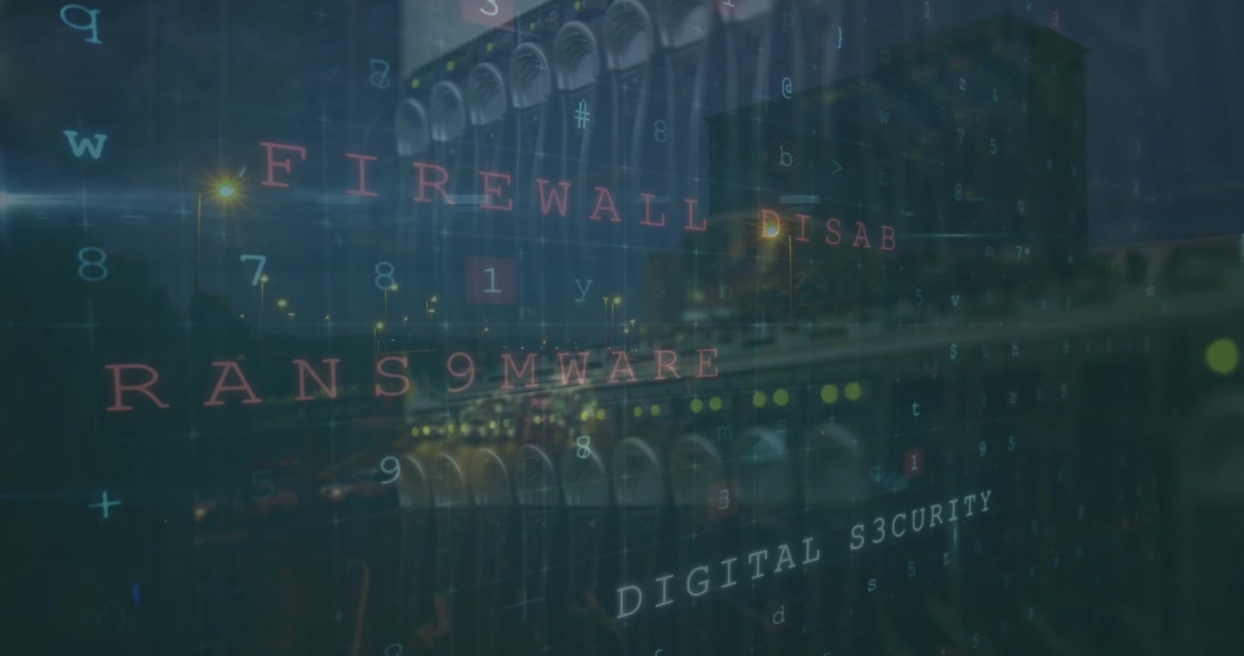 Animation of cyberattack warning and servers over cityscape