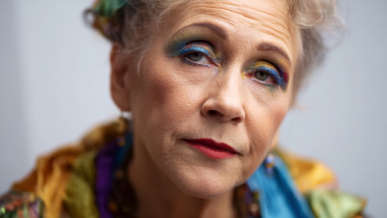 A close-up portrait of an elderly woman showcasing vibrant makeup and artistic expression, highlighting her thoughtful gaze and colorful attire with intricate details