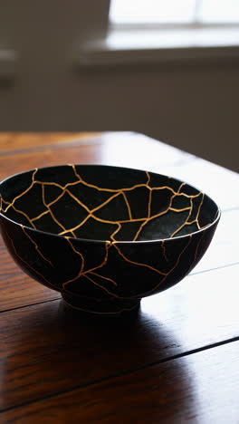 black kintsugi bowl with gold repairs on wooden table