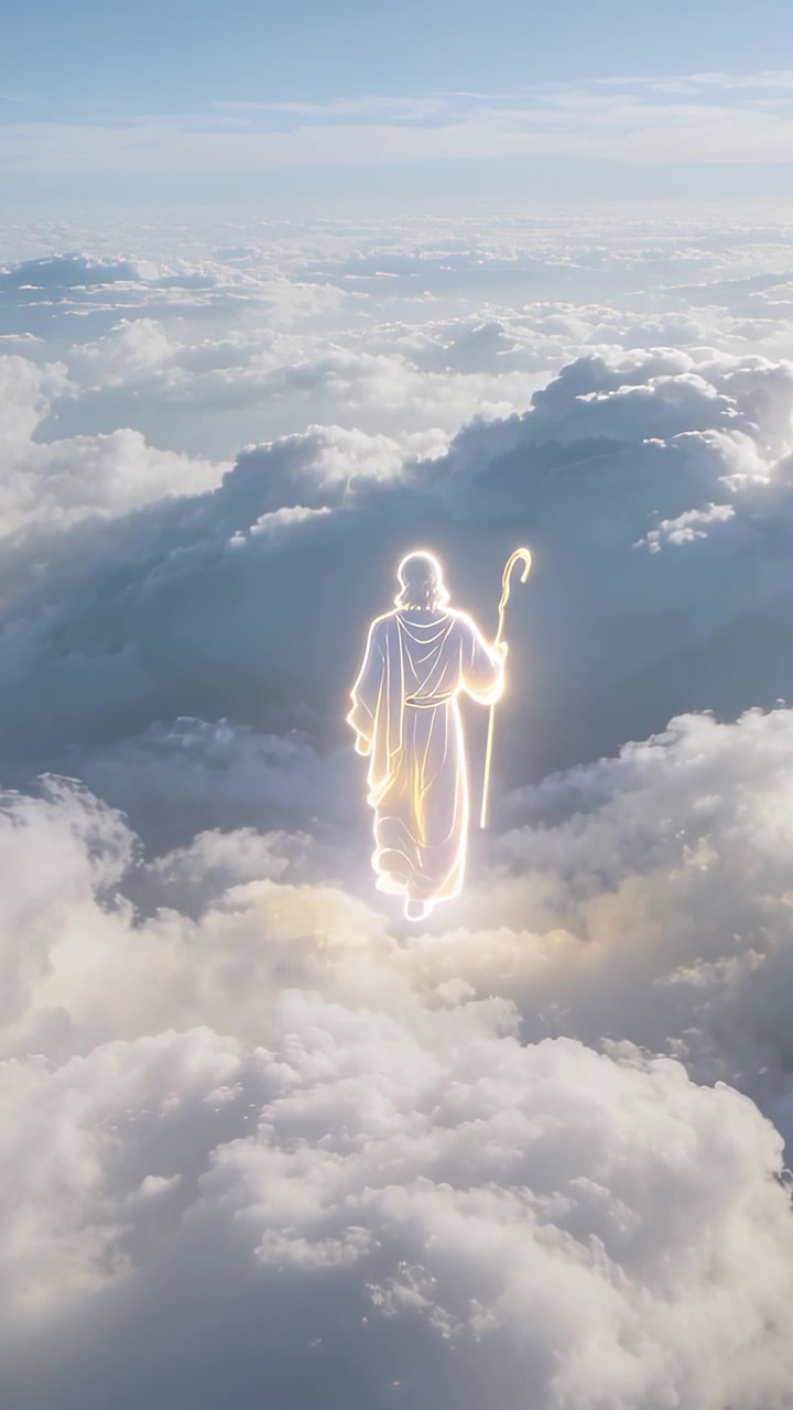 Video verticale: Figura luminosa e ammantata che cammina verso una luce lontana su uno strato di nuvole, tenendo un bastone.