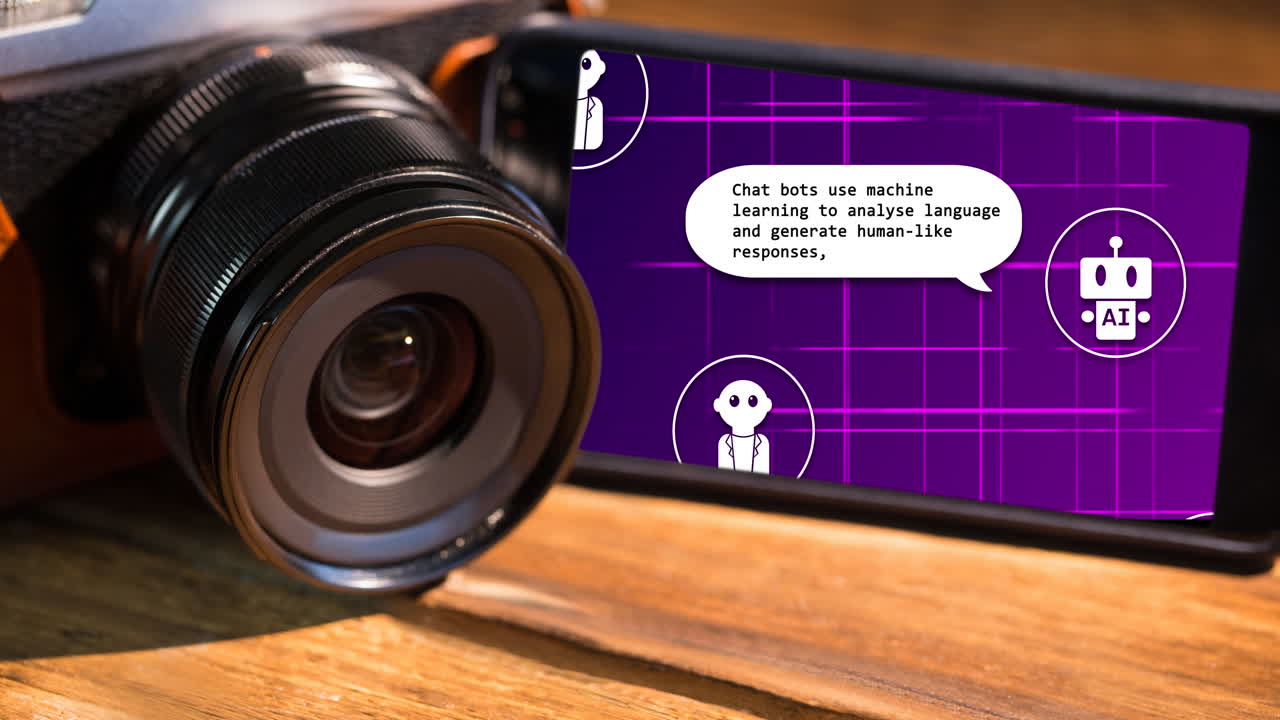 animación de chat artificial y procesamiento de datos a través de la pantalla del teléfono inteligente en el escritorio
