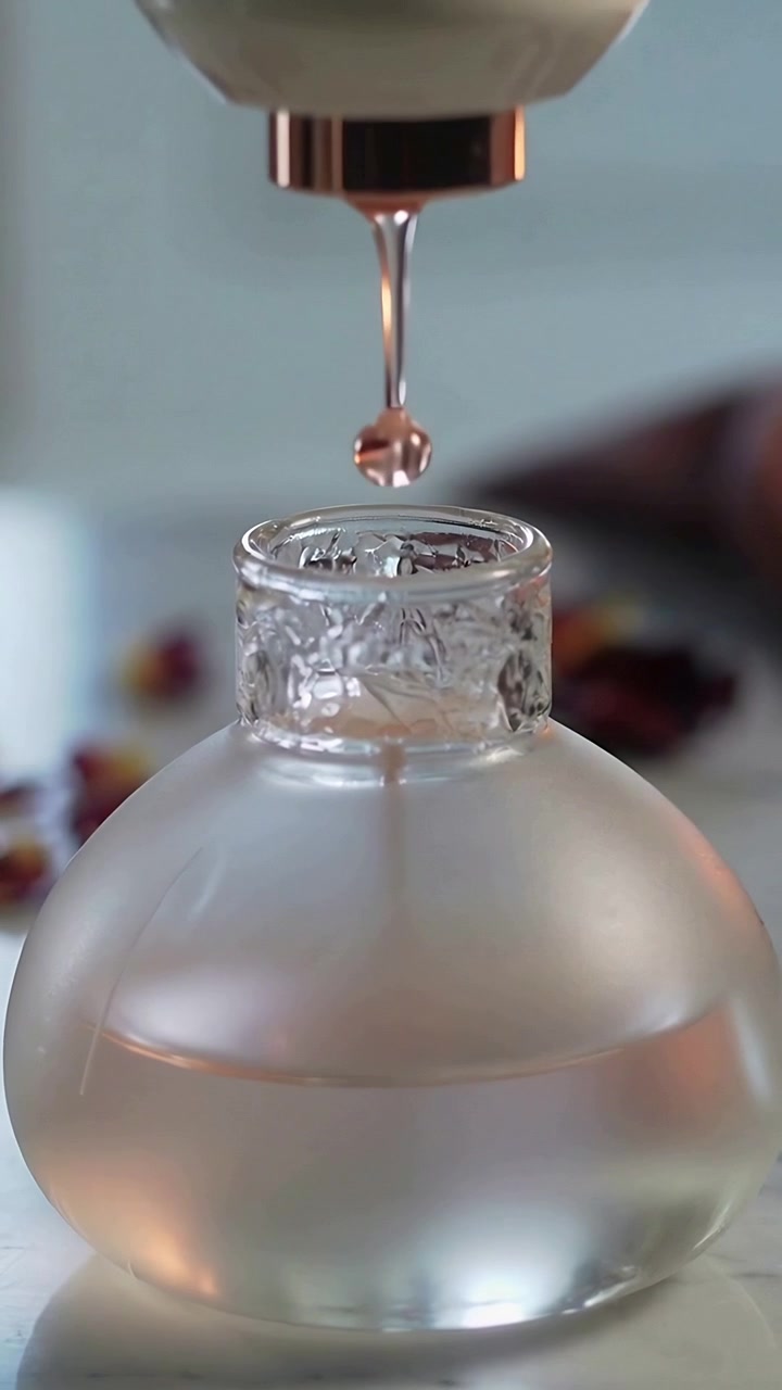 Vidéo verticale : Appuyant sur une buse or rose, envoyant une goutte rose pâle qui remplit une bouteille givrée posée sur une table.