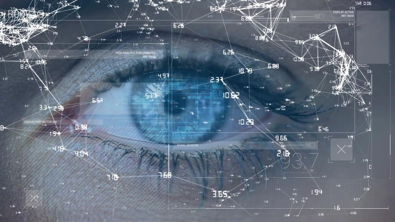 Animation of connections with data processing over woman's blue eye