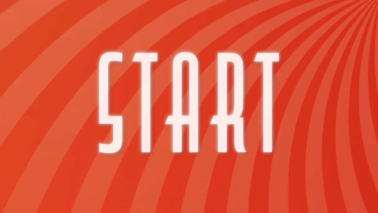 Animation of start text banner against radial rays in seamless pattern on red background