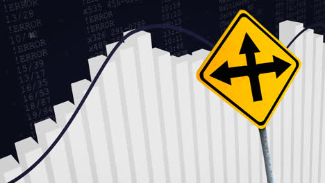 animation of financial data processing and road sign over black background