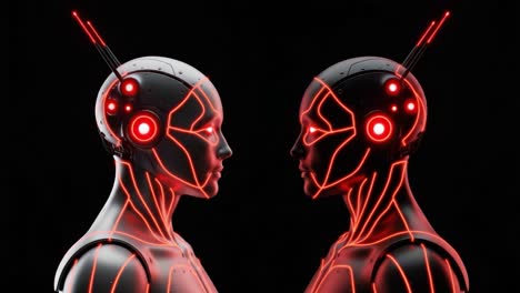 a visual exploration of futuristic robotics: dual cyborgs with enhanced neural networks and glowing red circuitry examining each other in a dark environment