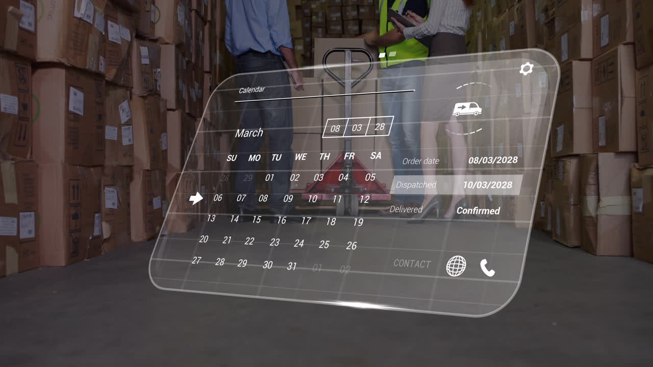 animación del procesamiento de datos contra la sección media de supervisores y trabajadores que trabajan en el almacén