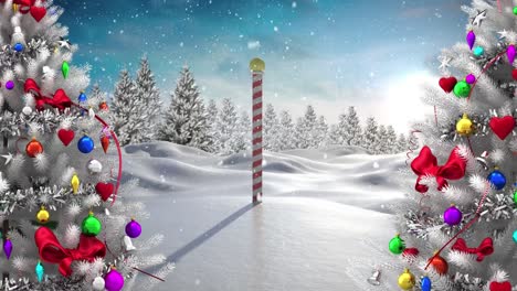 Digitale-Animation-Von-Schnee,-Der-über-Zwei-Weihnachtsbäume-In-Einer-Winterlandschaft-Fällt