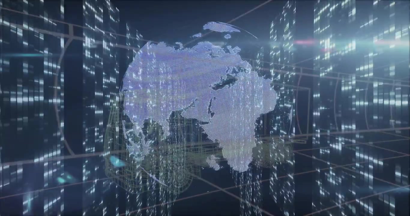 Al lancio, un globo a wireframe traslucido che ruota in senso orario all'interno di una rete di dati, mostrando il flusso di dati.