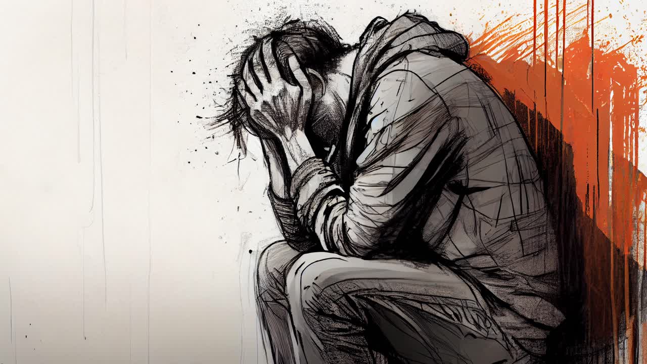 depressed looking man sitting and covering his face in his hands