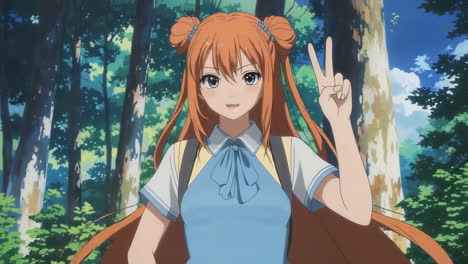 anime girl with orange hair making peace sign in a forest