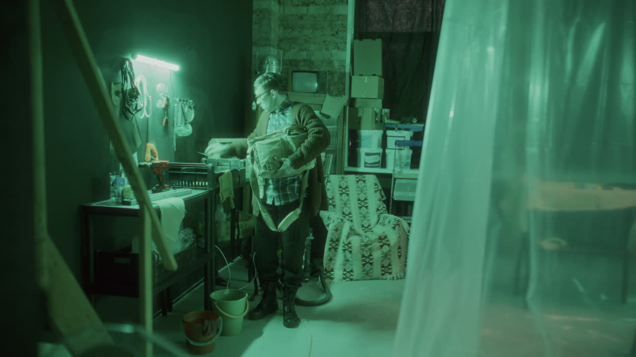 asesino en serie preparando armas y caminando hacia la víctima atado a una silla