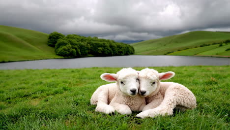 two cute baby sheep resting in a meadow by a lake