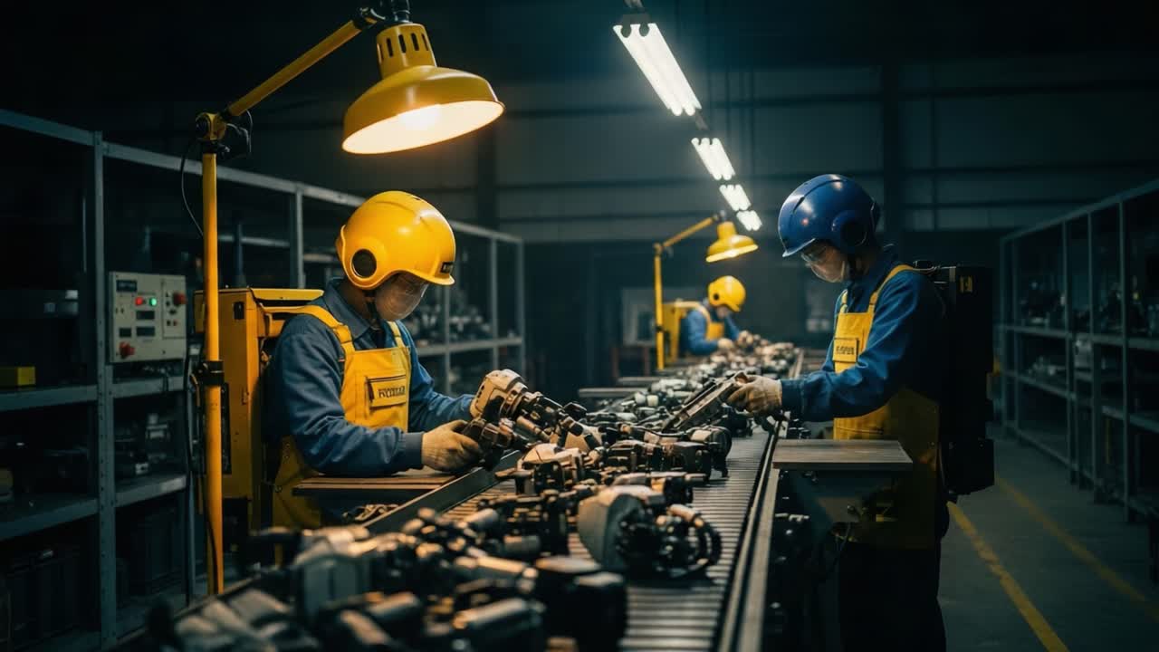 Workers Efficiently Assembling Mechanical Components in a Dimly Lit Industrial Workshop with Focused Attention on Quality and Safety Procedures