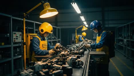 workers efficiently assembling mechanical components in a dimly lit industrial workshop with focused attention on quality and safety procedures