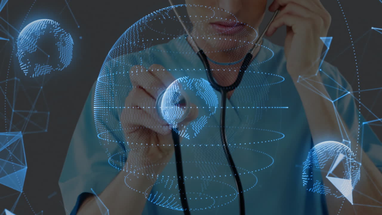 Healthcare professional holding stethoscope toward camera, interacting with blue globe holograms