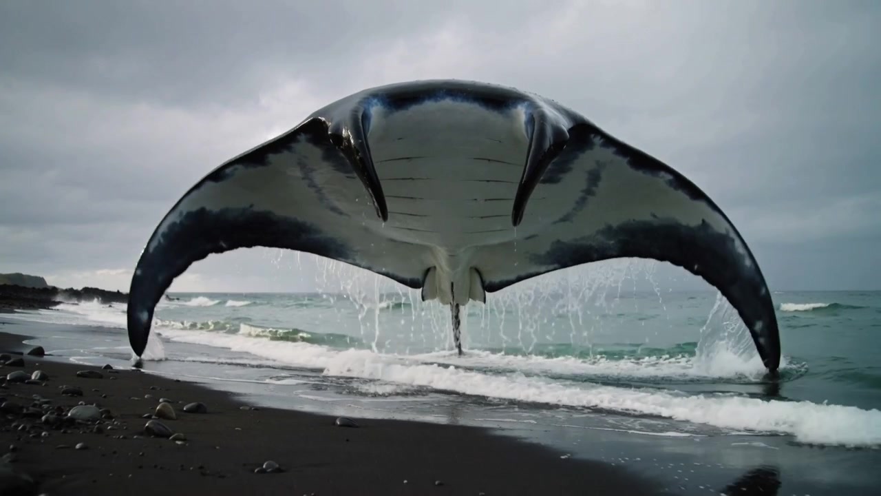Rising large manta-like ray lifting wide pectoral fins above black sand surf, wave pushing
