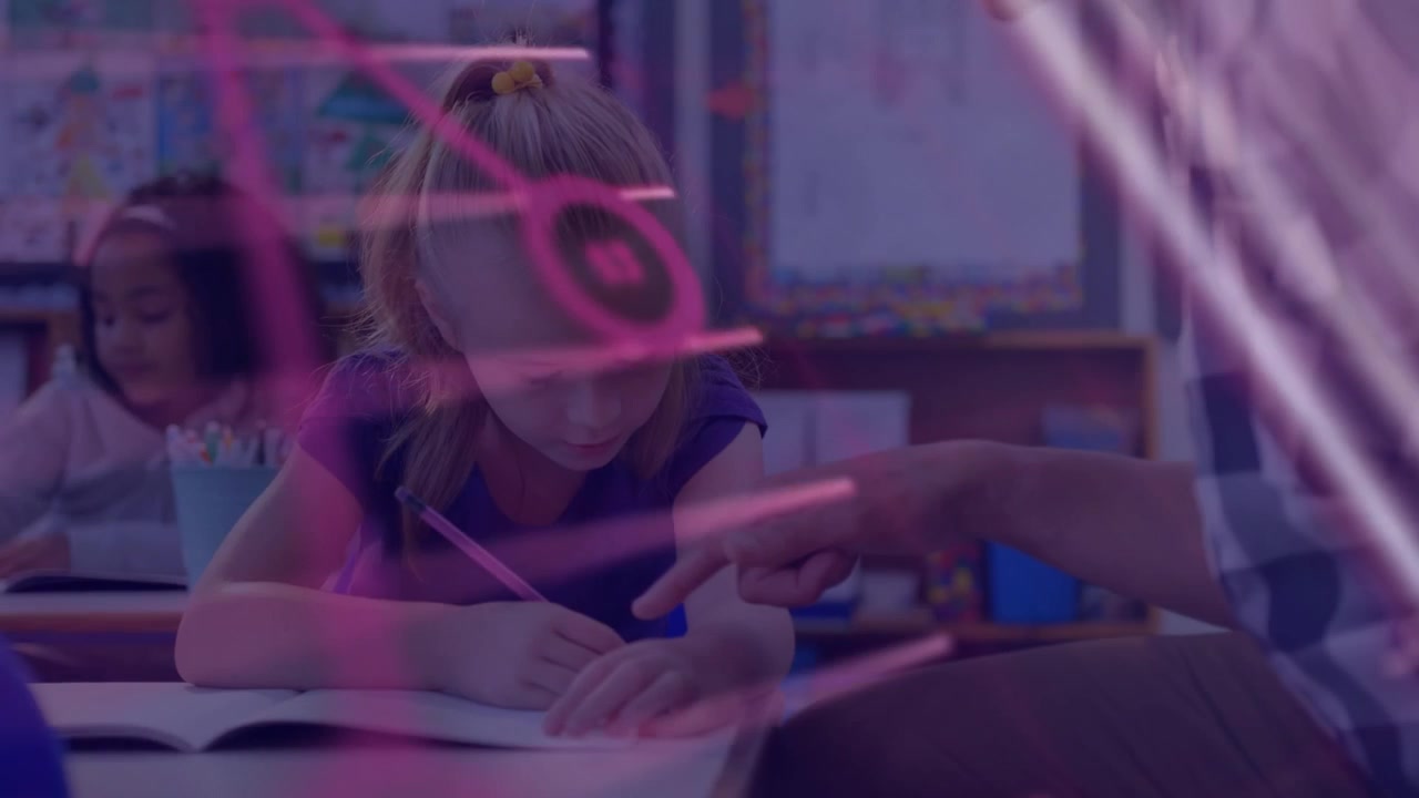 Data analysis on teacher instructing a girl in class highlights education tech.