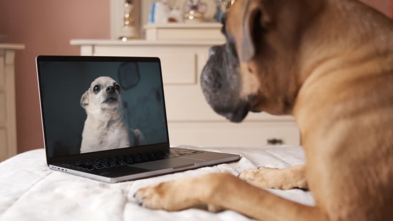 Cute dog sitting on bed in front of laptop on video call with his dog friend in bedroom