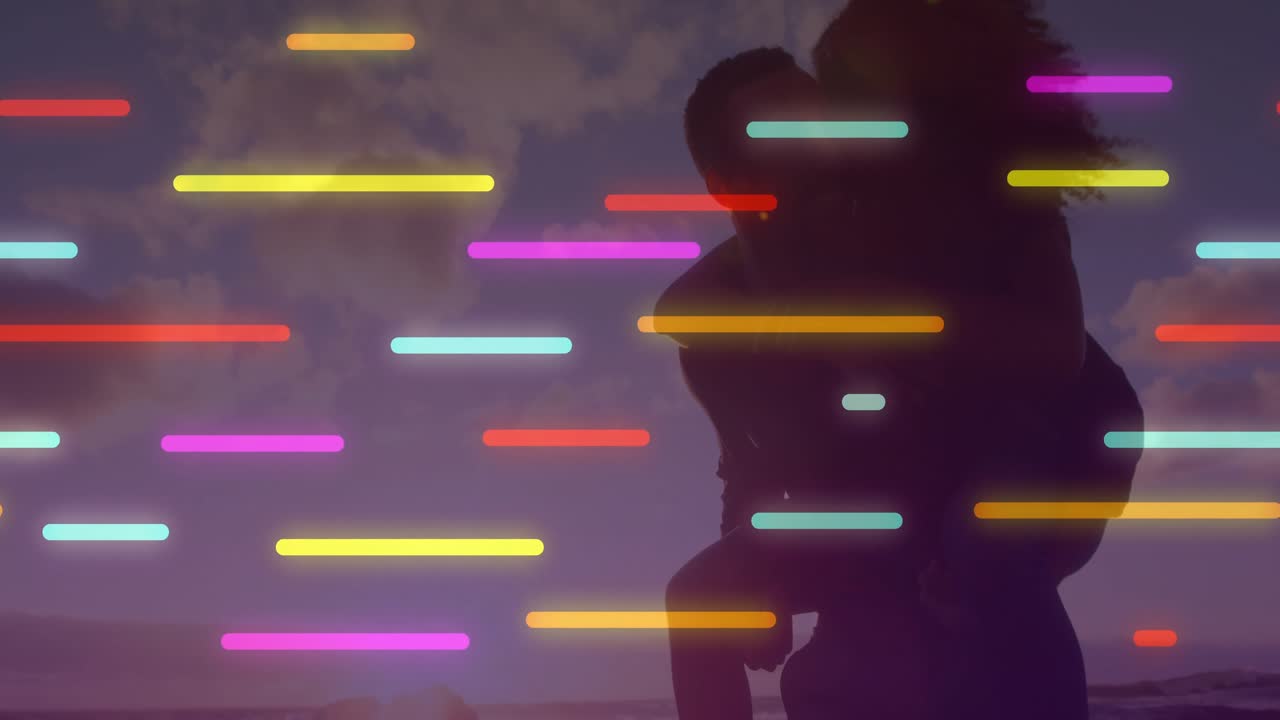 Marketers presenting piggyback couple on beach at sunset, overlaying light streaks and heart icons