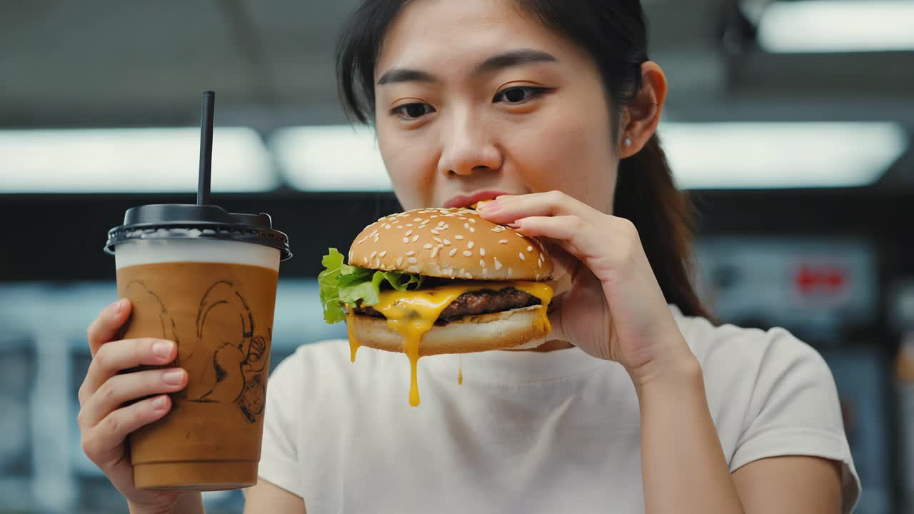 Woman eating a burger and drinking a beverage