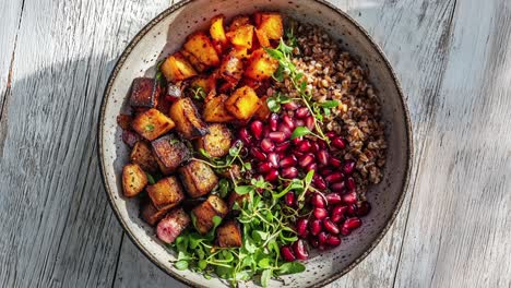 healthy and delicious pumpkin, pomegranate and grain bowl