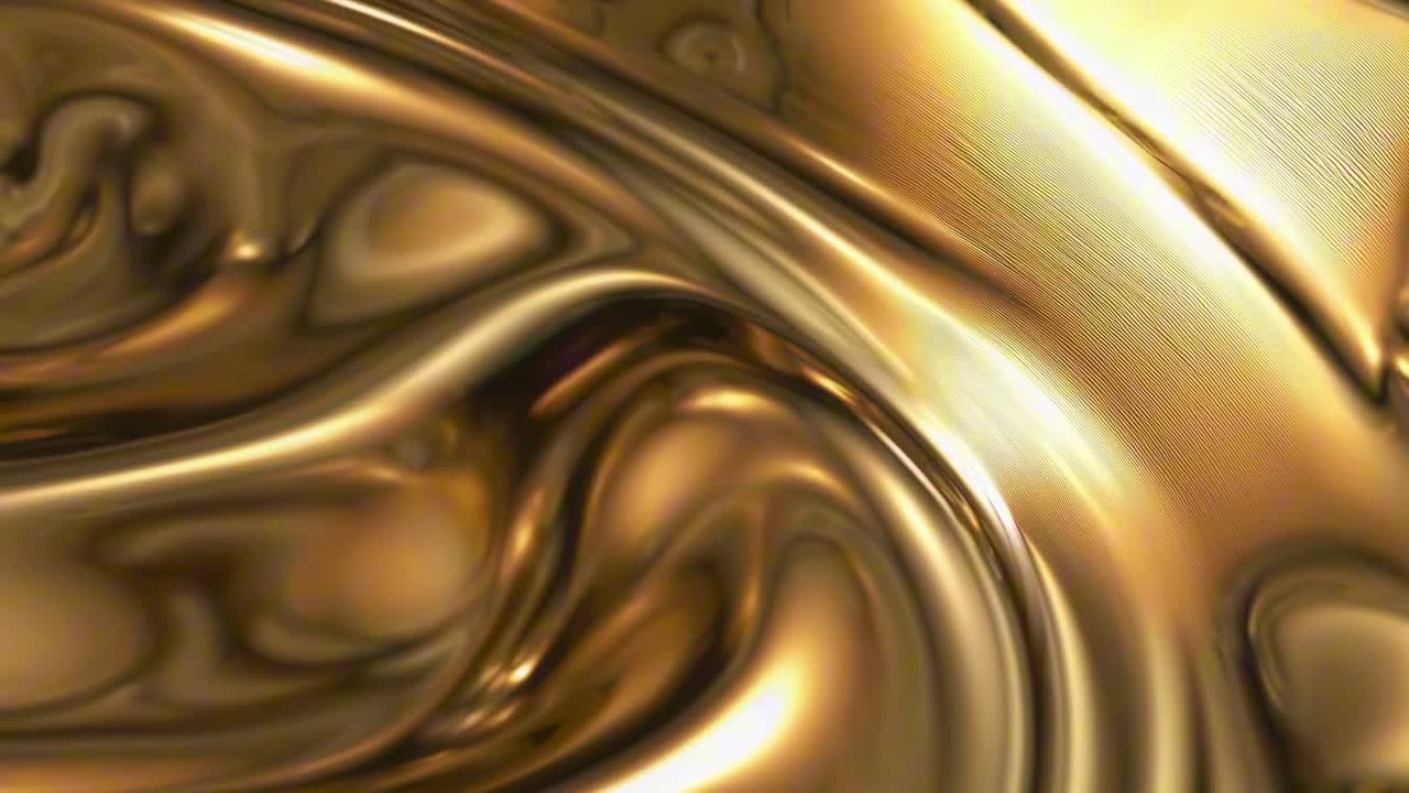Video astratto di texture liquida dorata e fluida, catturato da un'angolazione dall'alto, che mostra una superficie liscia