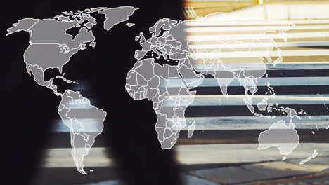 crossing street, people with world map animation overlay