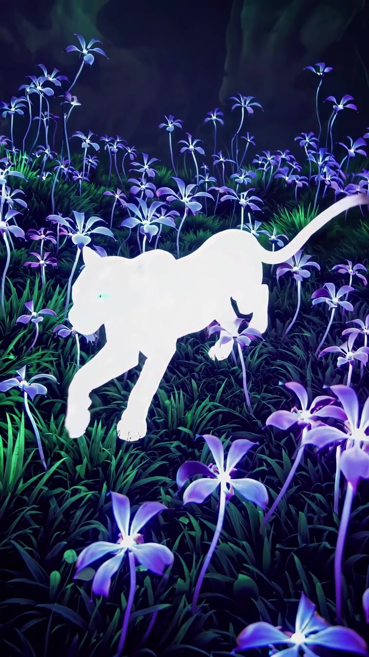 Glowing White Panther Running Through a Field of Purple Flowers