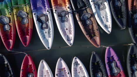 aerial top view of a group of canoes in lake