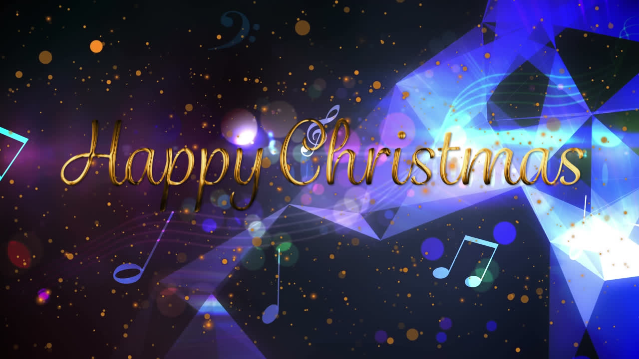 행복한 크리스마스 텍스트와 오렌지색 반점이 빛과 음악적 상징의 반점이 떠다니고 있습니다.