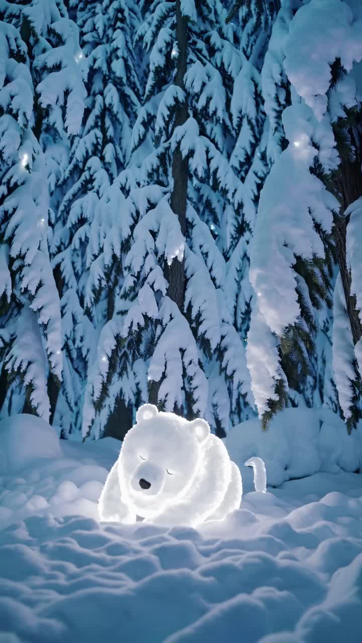 A glowing polar bear cub rests in a snowy forest, captured from a low angle