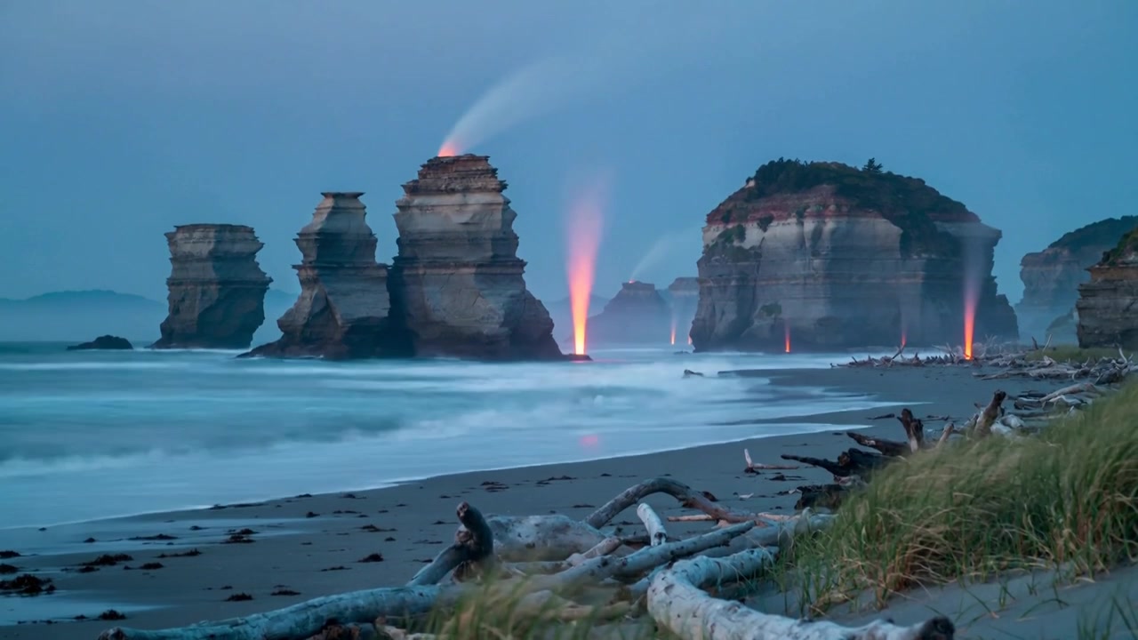 Osservando faraglioni al centro che assumono un bagliore arancione al crepuscolo su una spiaggia sabbiosa, con fumo di legna da ardere.