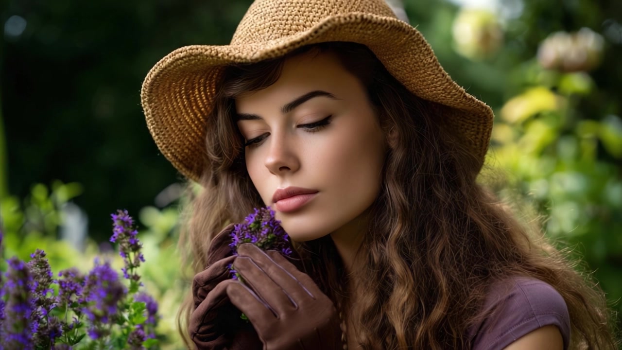 Una donna con un cappello di paglia accarezza delicatamente fiori viola in un giardino rigoglioso, catturando l'essenza della bellezza e della tranquillità della natura.