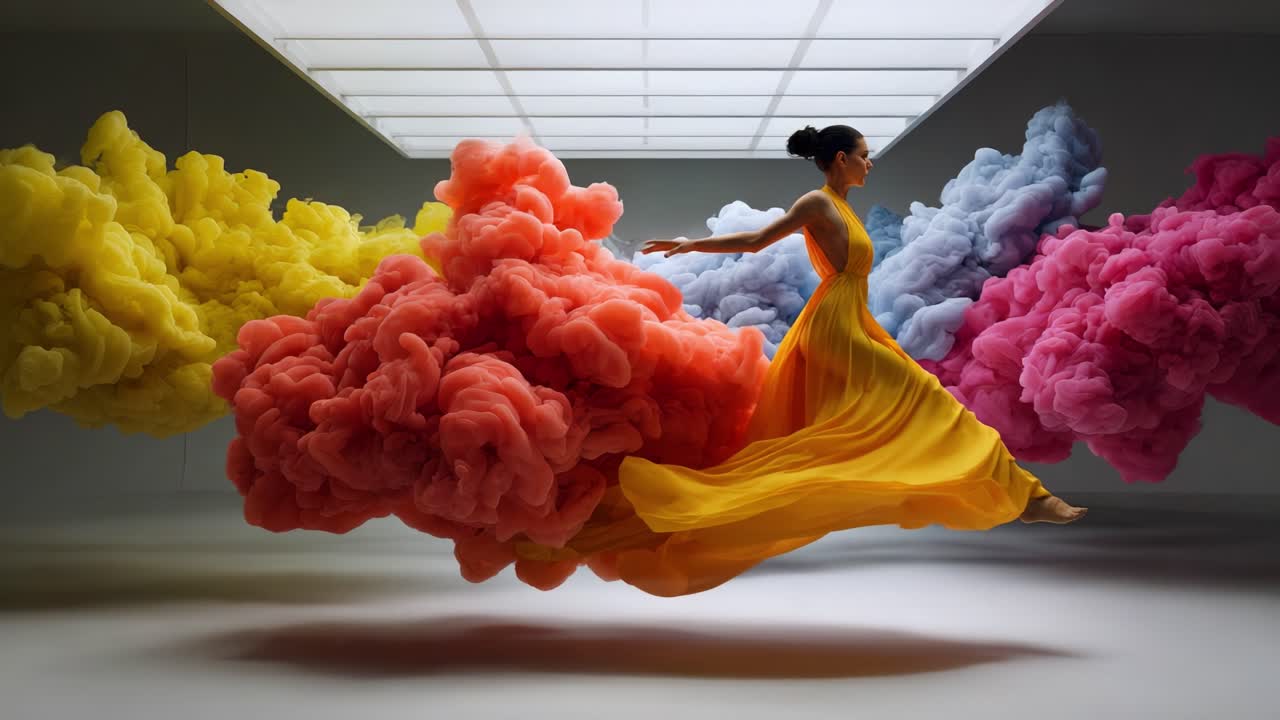 A breathtaking representation of ethereal beauty and movement, showcasing a dancer in a vibrant, flowing yellow dress amidst swirling clouds of colors that create a mesmerizing visual experience in a serene environment