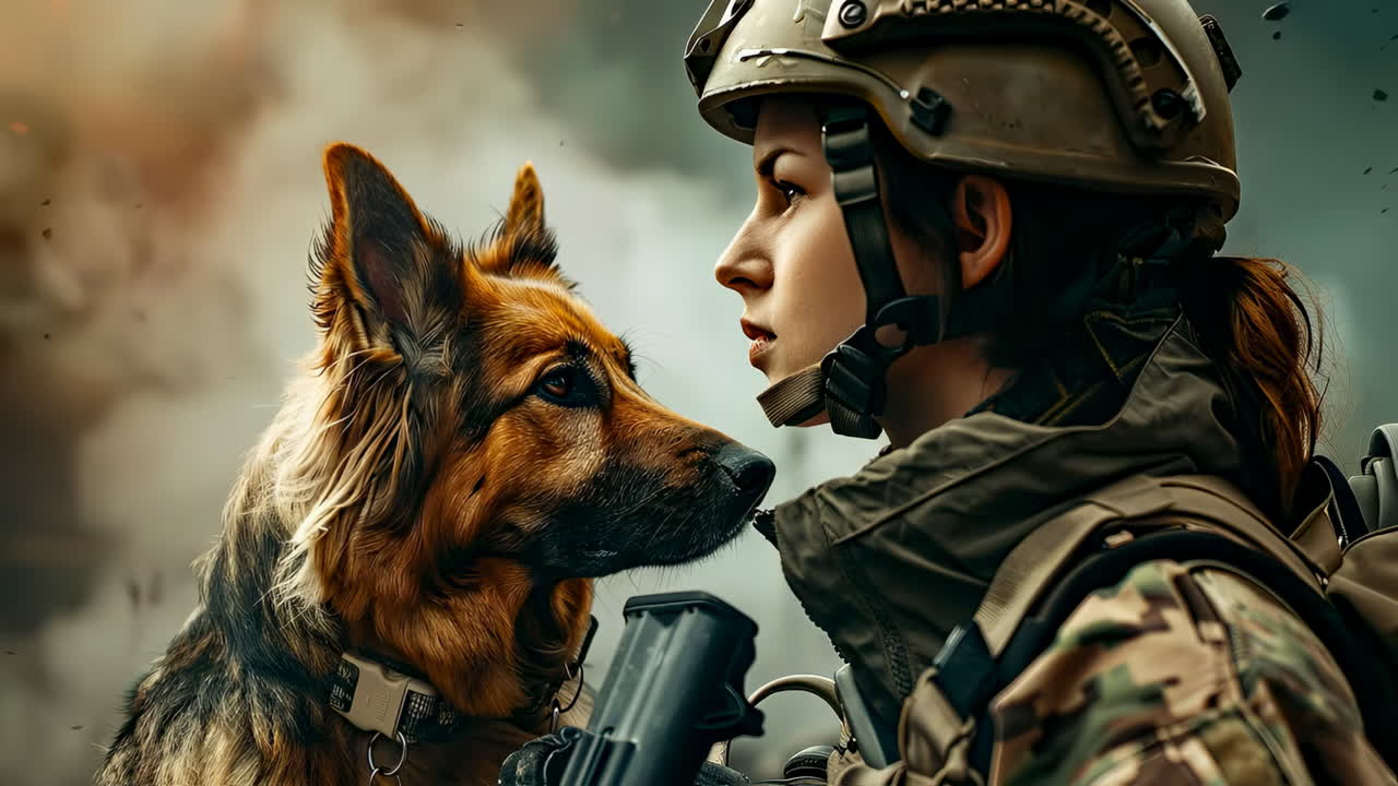 Military woman and her loyal dog bond. A soldier bonds with her German Shepherd during a mission in a smoky setting, highlighting their strong connection