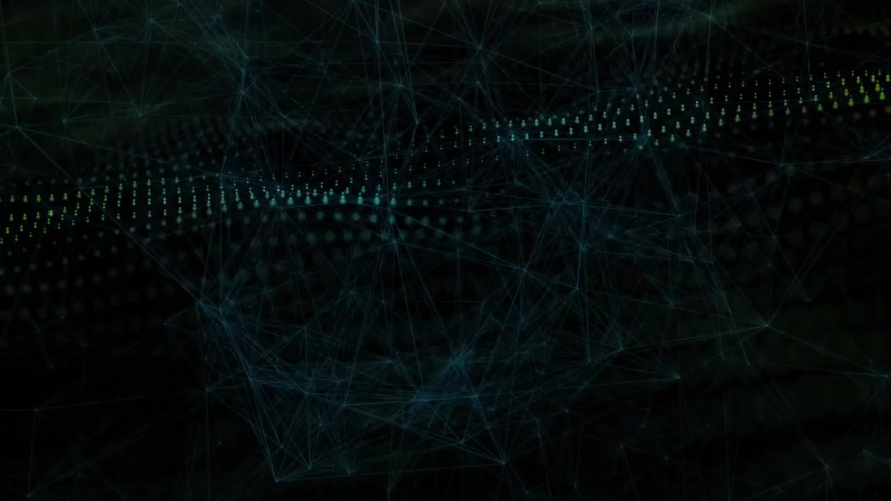 Opening on black frame, glowing nodes and lines shifting into undulating mesh showing data flow