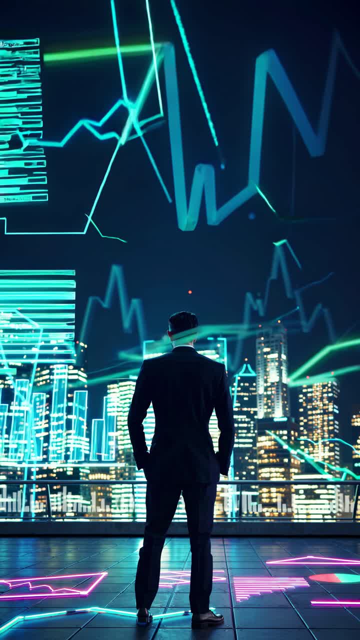 A businessman in a suit stands on a rooftop at night, viewing neon financial graphs
