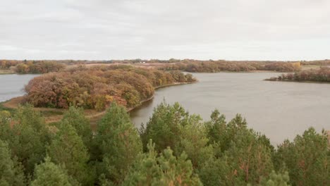 Aerial-reveal-shot-of-a-lake,-as-the-drone-flies-over-some-evergreen-forestry