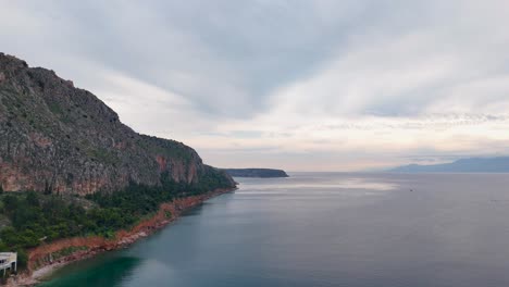 Aerial-View-Over-A-Rocky-Coastline,-Peloponnese-Region,-Greece