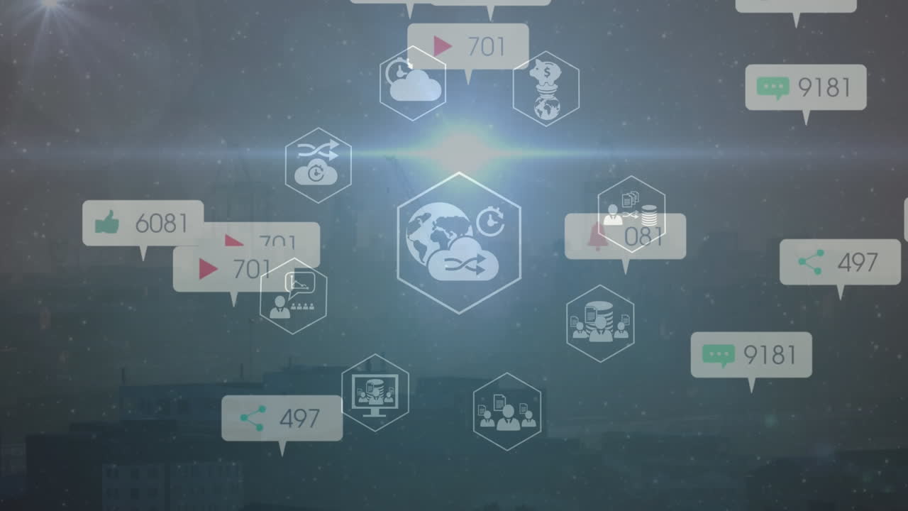 소셜 미디어 아이콘과 디지털 아이콘의 애니메이션은 도시 풍경의 공중 시야에 반영됩니다.