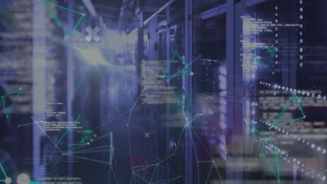 animation of data processing over shapes and server room