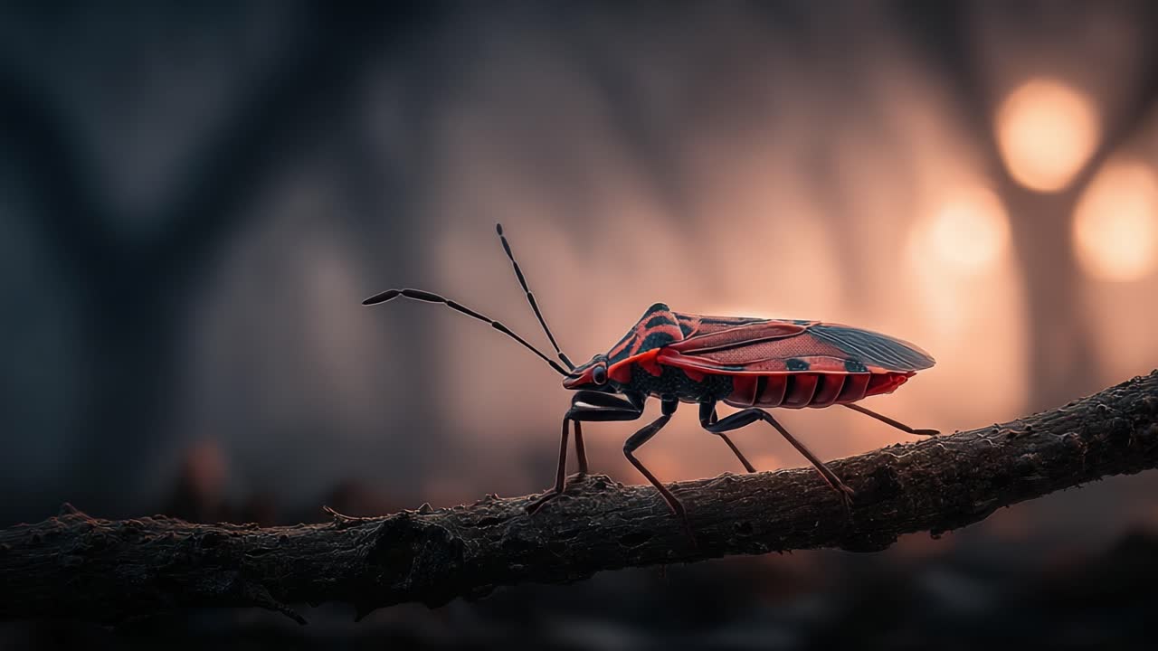 Et fængslende nærbillede af et entomologisk vidunder: Det iøjnefaldende farvede insekt poserer på en gren mod en tåget, æterisk baggrund i skumringen