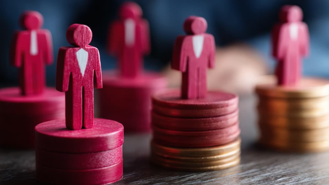 Abstract Representation of Leadership and Finance: Wooden Figures Standing on Stacked Coins Symbolizing Success, Growth, and Economic Development in a Business Environment