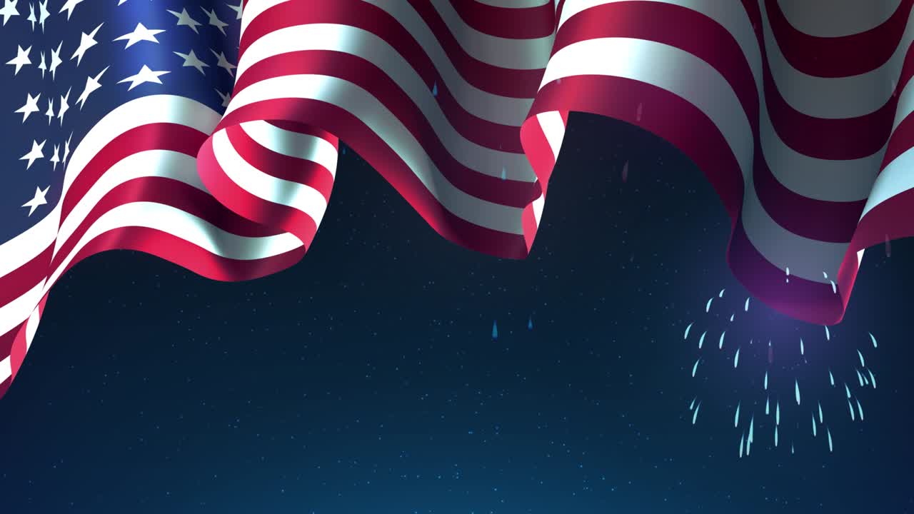 Festa nazionale degli USA. Bandiera statunitense che sventola nel cielo notturno, fuochi d'artificio. Saluto animato. Design patriottico festivo USA, Giorno dell'Indipendenza, Giorno dei Veterani, Memorial Day. Biglietto d'auguri per gli Stati Uniti. Senza soluzione di continuità.