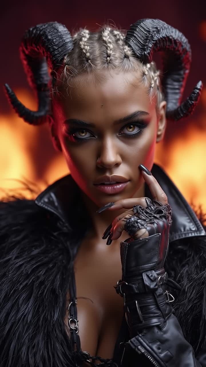 A woman with horns on her head and a black leather jacket